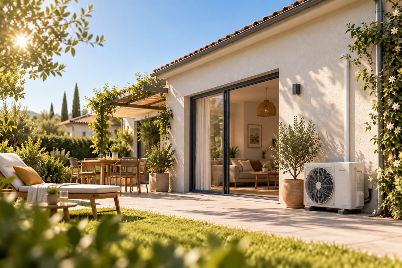 Maison avec une climatisation réversible et une terrasse en été